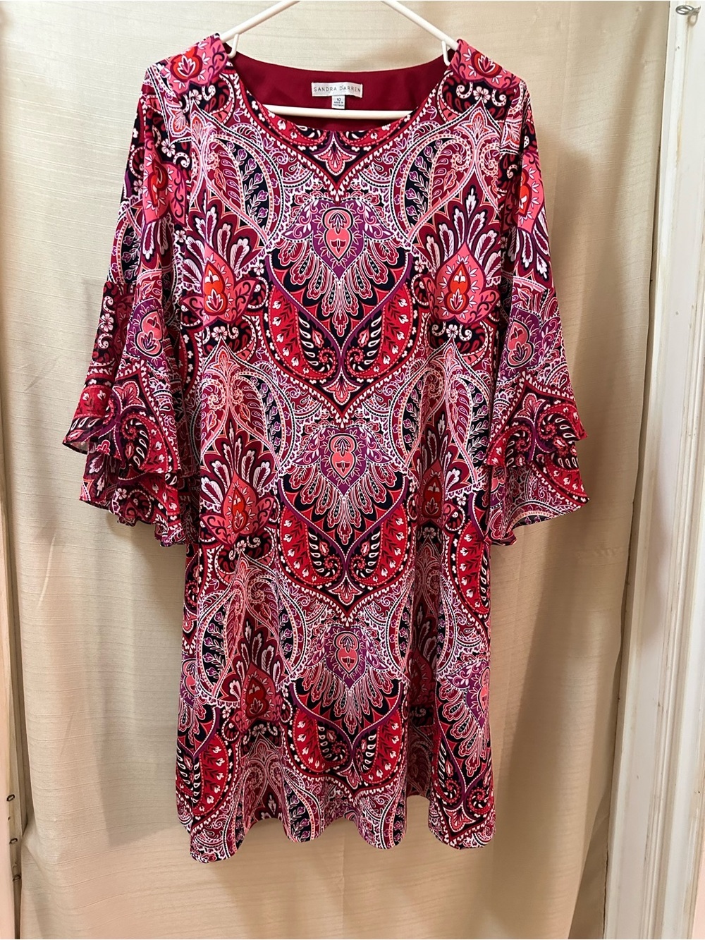 Sandra Darren Paisley Shift Dress Size 10 Pink Red Bell Sleeve Lined
